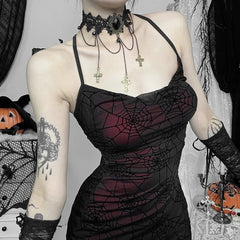 Gothic Spider Web Mesh Overlay Backless Mini Dress