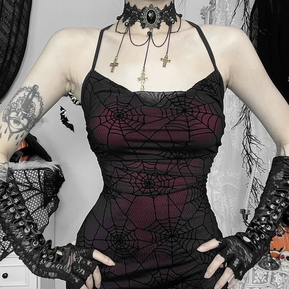 Gothic Spider Web Mesh Overlay Backless Mini Dress