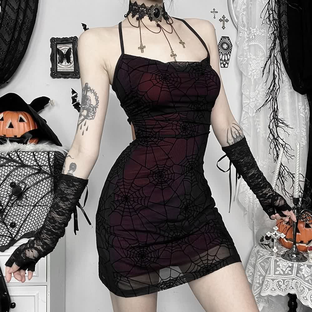 Gothic Spider Web Mesh Overlay Backless Mini Dress