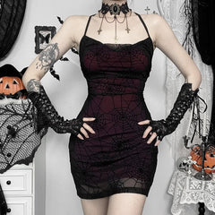 Gothic Spider Web Mesh Overlay Backless Mini Dress