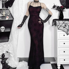 Gothic Spider Web Mesh Overlay Maxi Dress