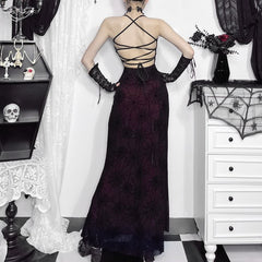 Gothic Spider Web Mesh Overlay Maxi Dress