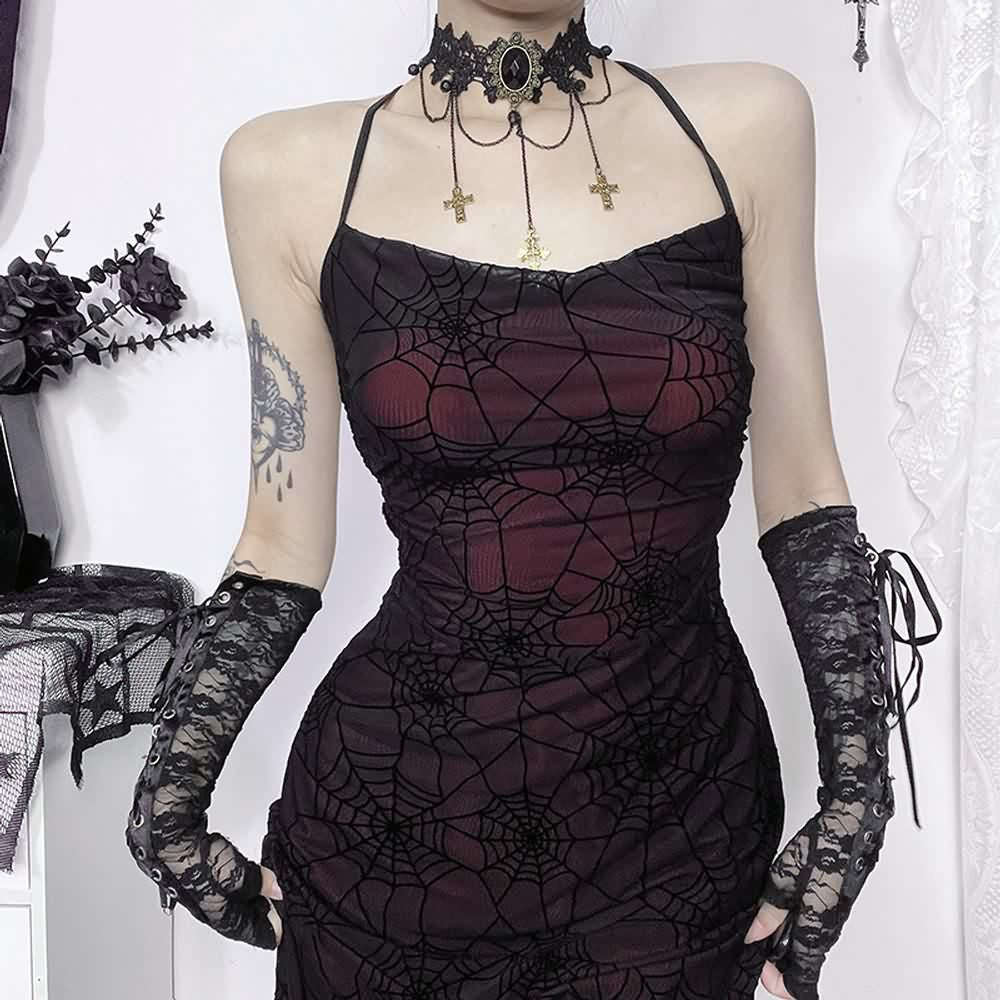 Gothic Spider Web Mesh Overlay Maxi Dress