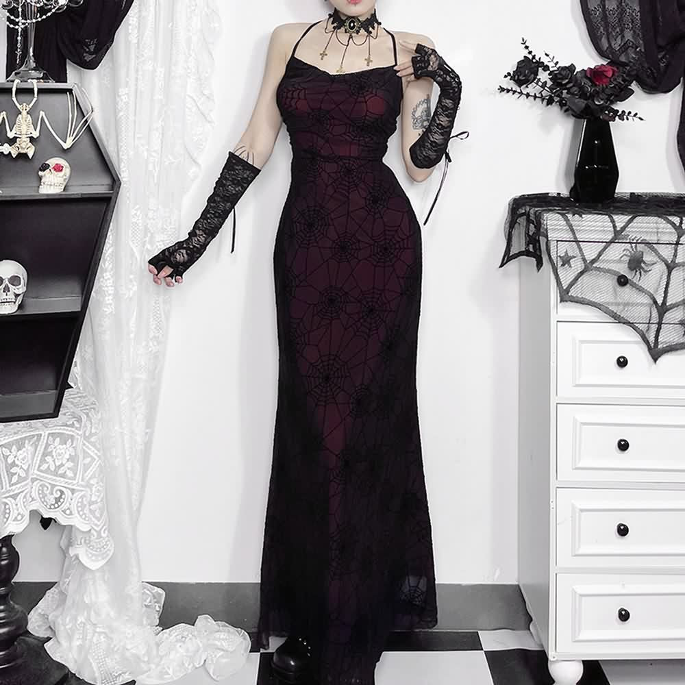 Gothic Spider Web Mesh Overlay Maxi Dress