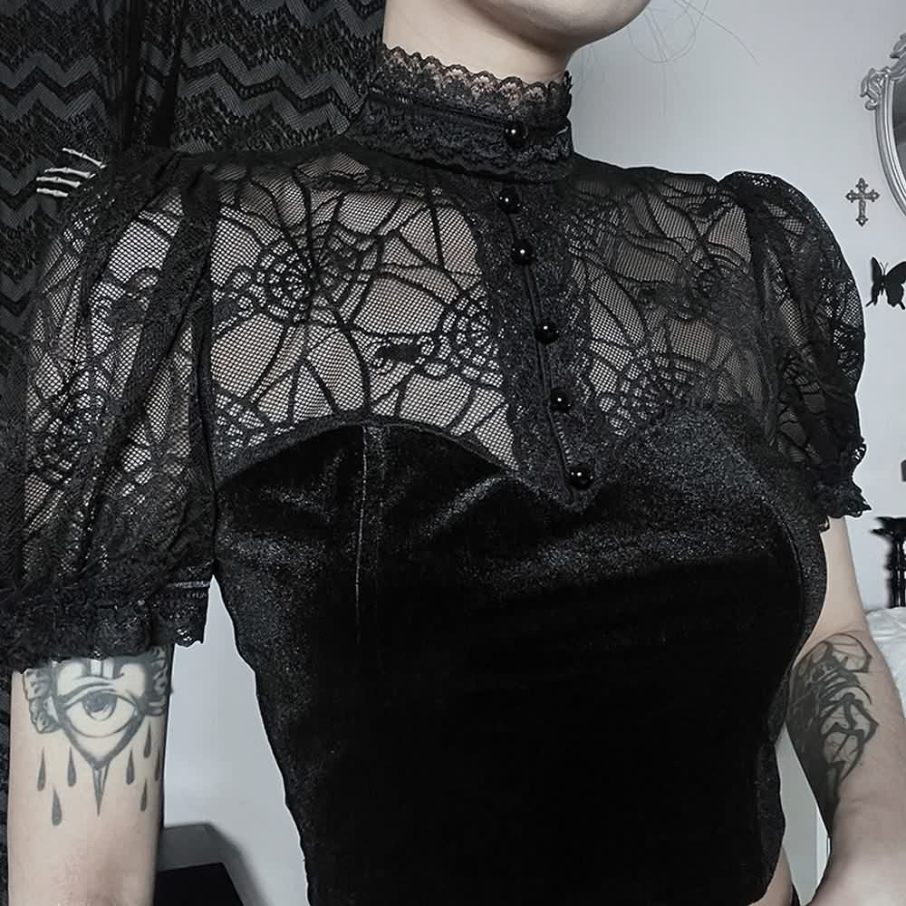 Gothic Spider Web Mesh Velvet Crop Top