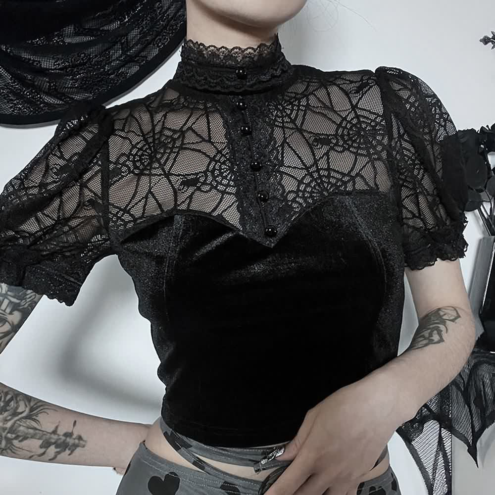 Gothic Spider Web Mesh Velvet Crop Top