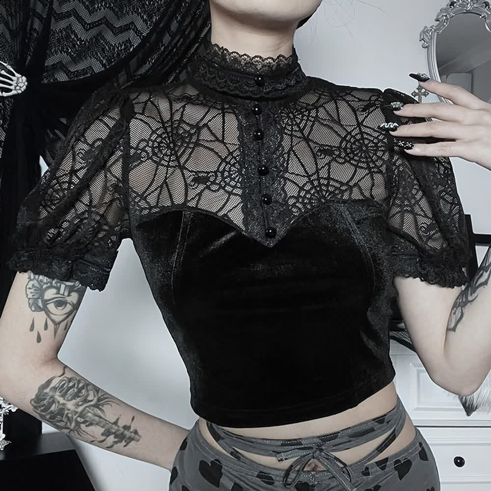 Gothic Spider Web Mesh Velvet Crop Top