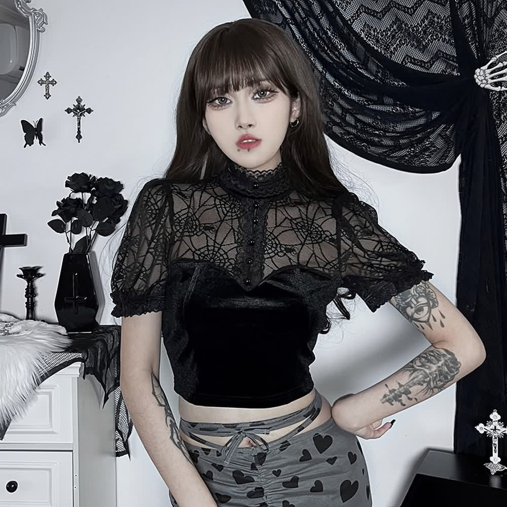 Gothic Spider Web Mesh Velvet Crop Top