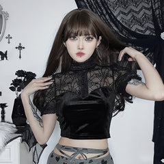 Gothic Spider Web Mesh Velvet Crop Top