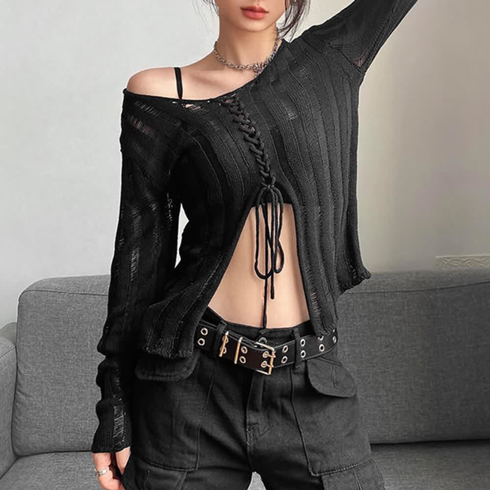 Gothic Split Hem Distressed Cardigan