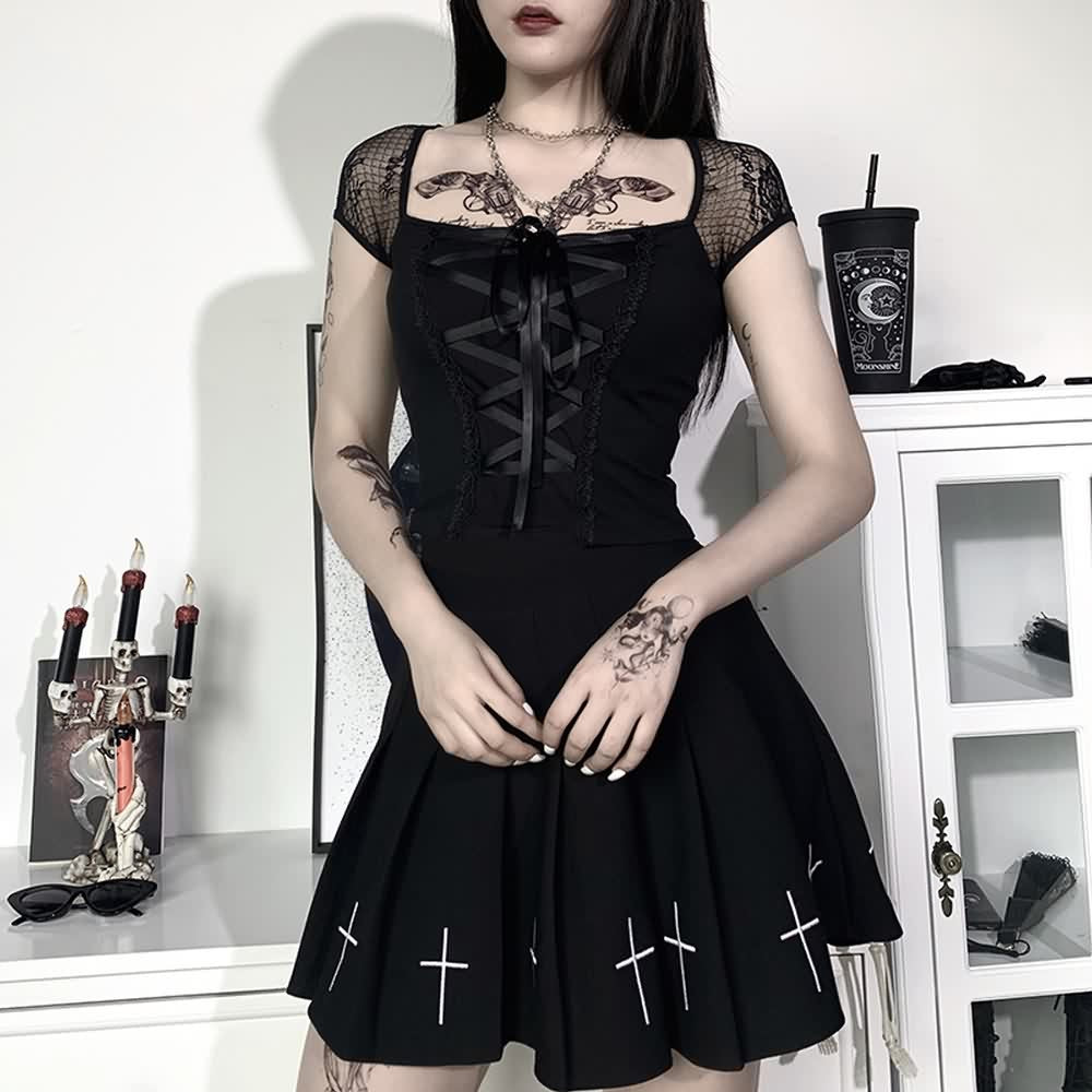 Gothic Square Neck Lace Up Crop Top