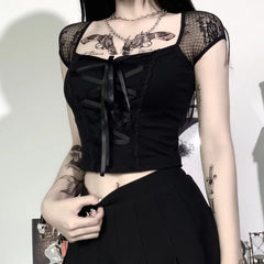 Gothic Square Neck Lace Up Crop Top