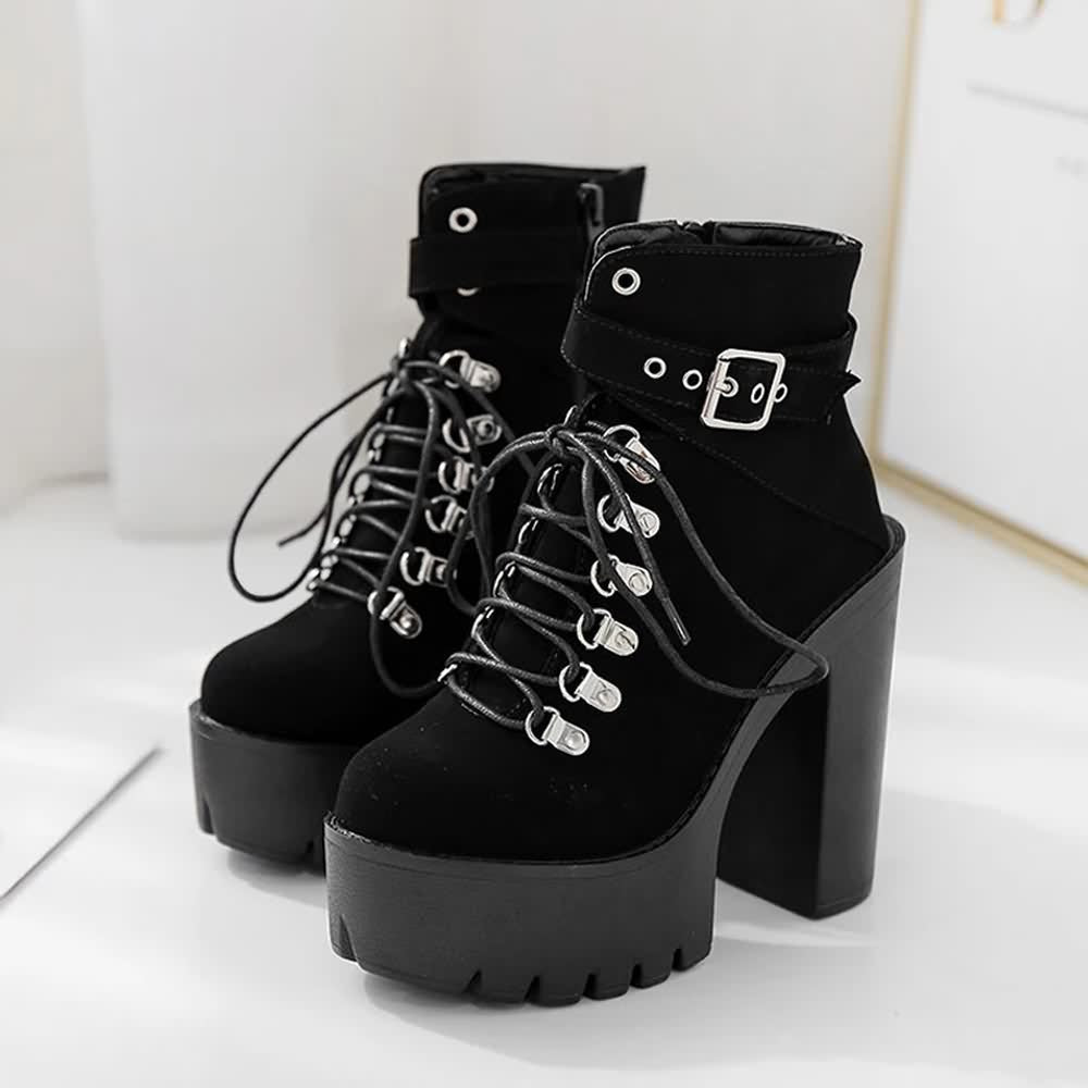 Gothic Suede Buckle Strap Lace Up Platform Boots