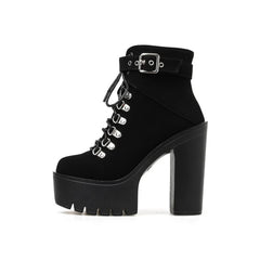 Gothic Suede Buckle Strap Lace Up Platform Boots