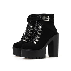 Gothic Suede Buckle Strap Lace Up Platform Boots