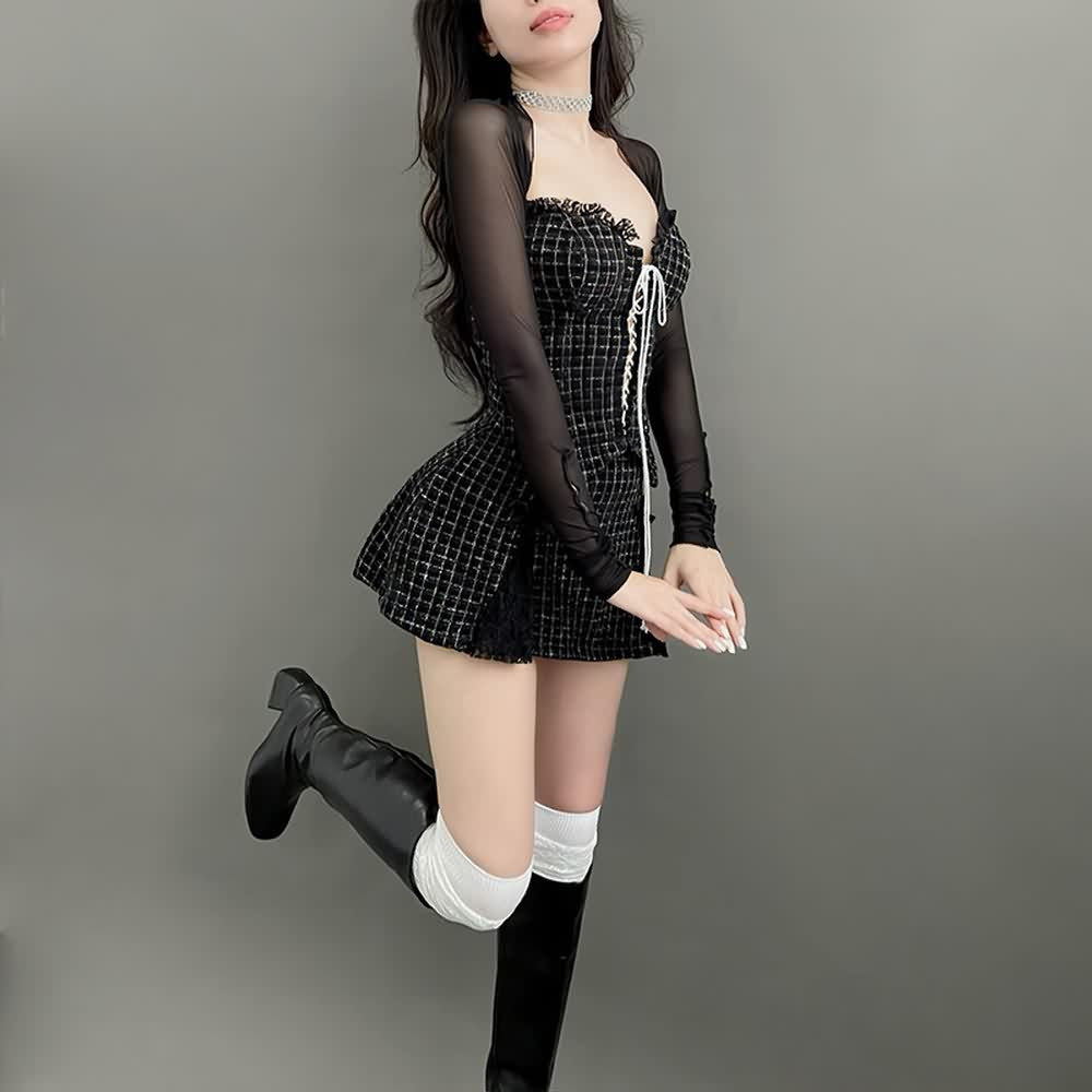 Gothic Sweatheart Neckline Mini Dress With Mesh Shrug Top