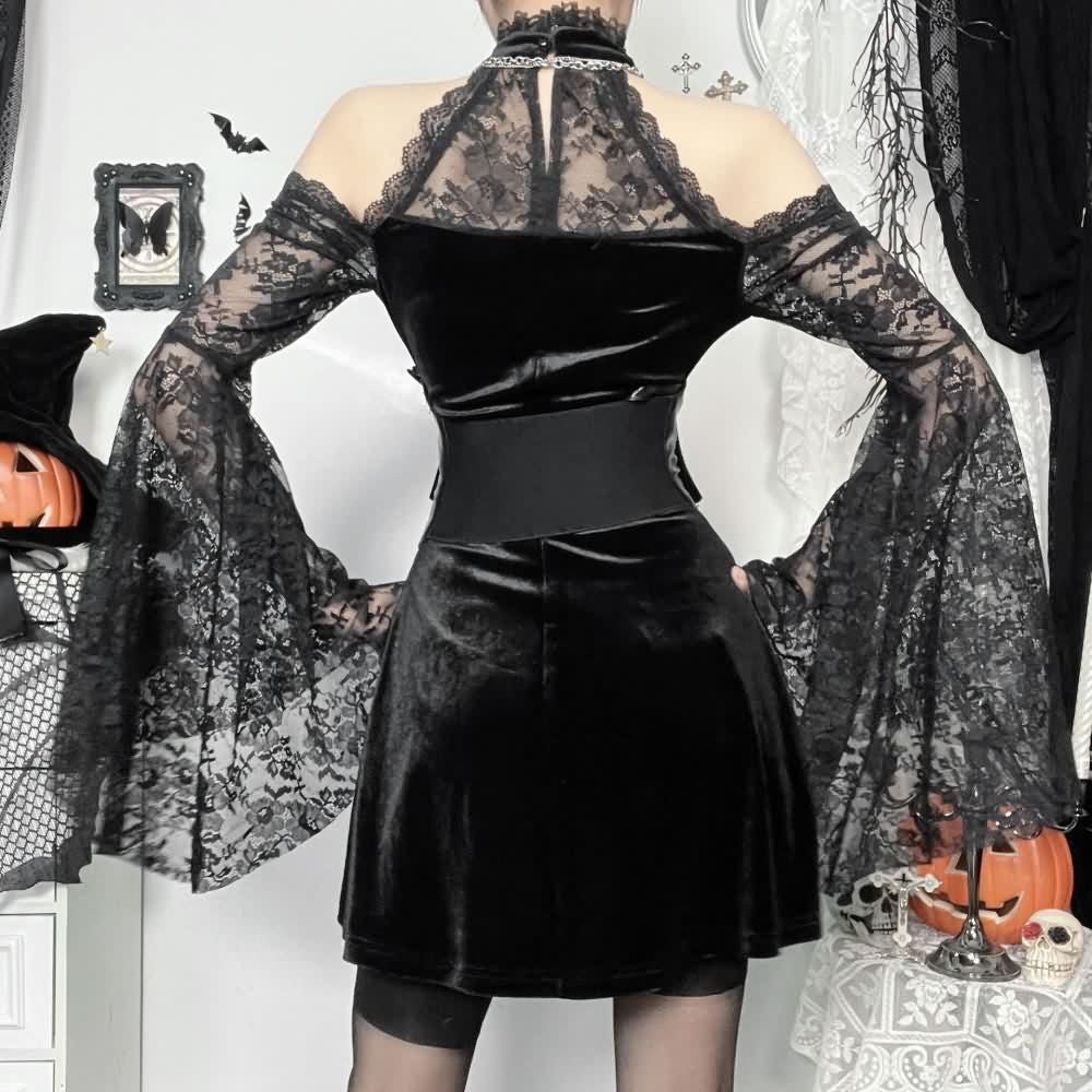 Gothic Velvet Lace Halter Long Sleeve Mini Dress
