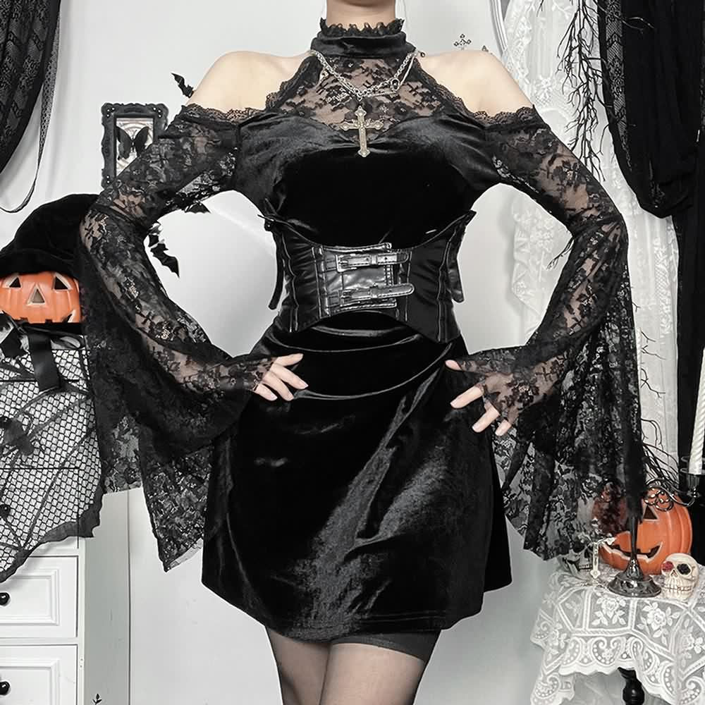 Gothic Velvet Lace Halter Long Sleeve Mini Dress