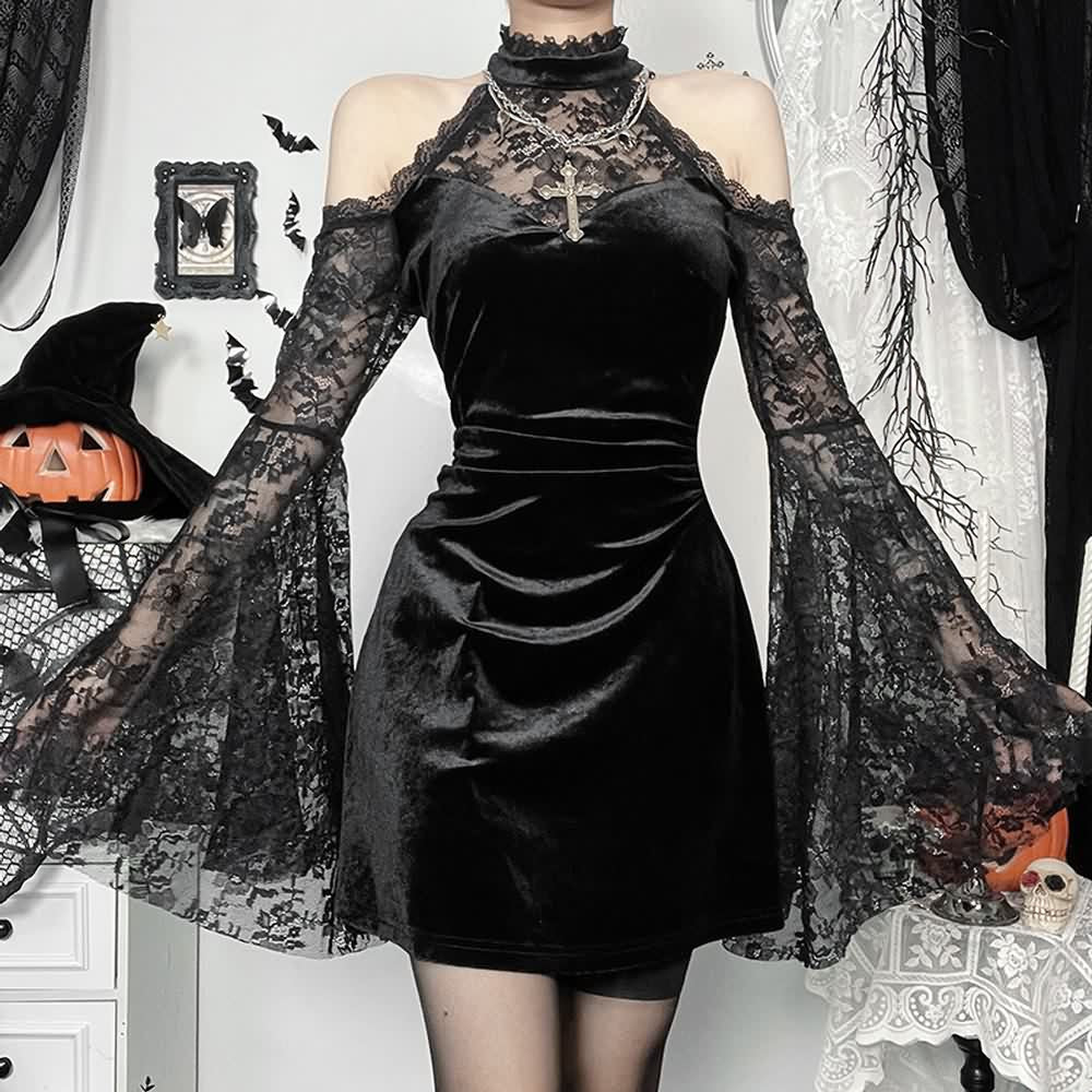 Gothic Velvet Lace Halter Long Sleeve Mini Dress