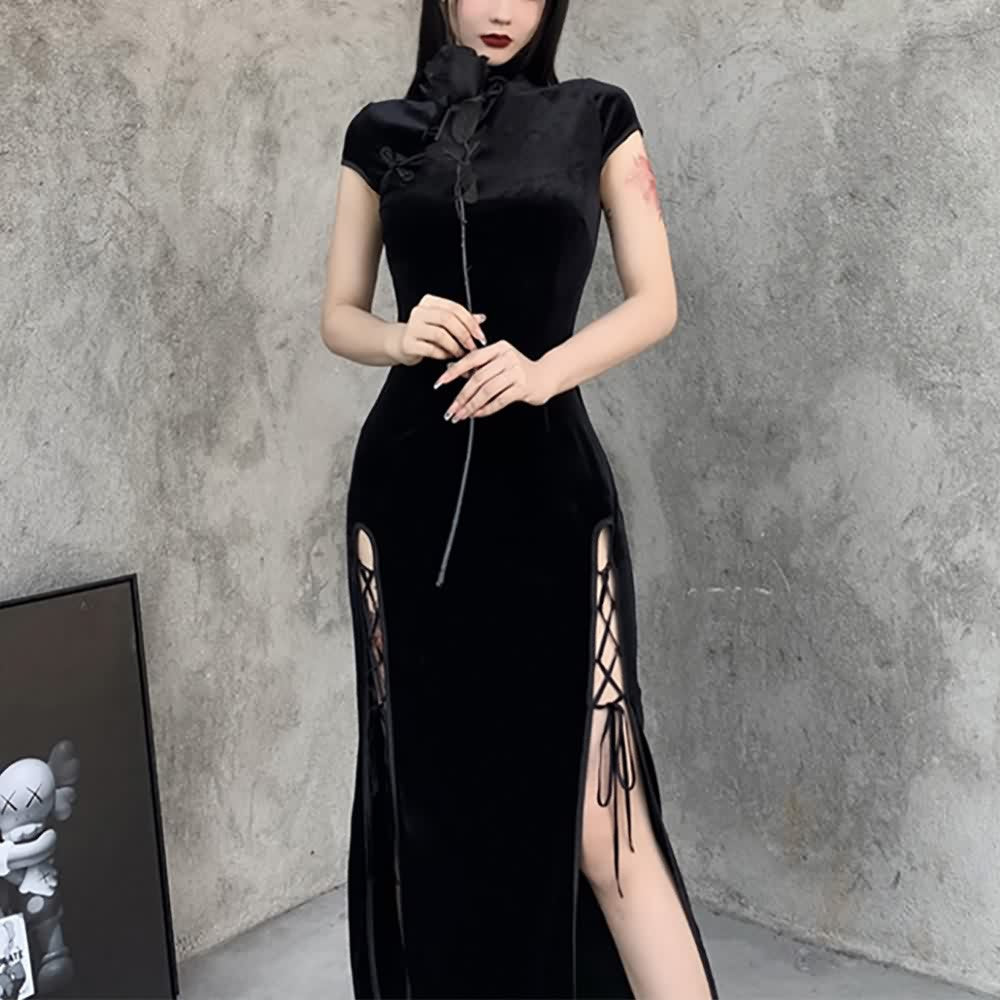 Gothic Velvet Slit Cheongsam Dress