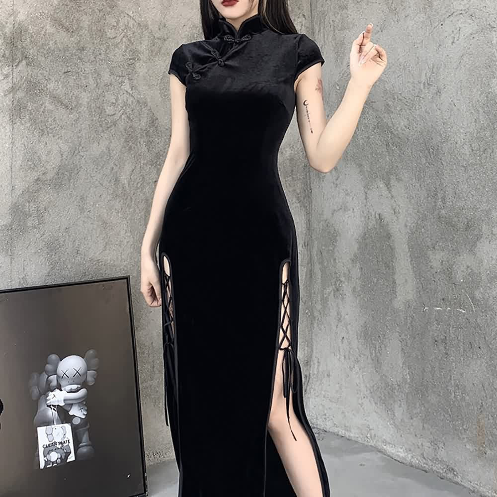 Gothic Velvet Slit Cheongsam Dress