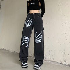 Gothin Grunge Skeleton Hand High Waist Jeans