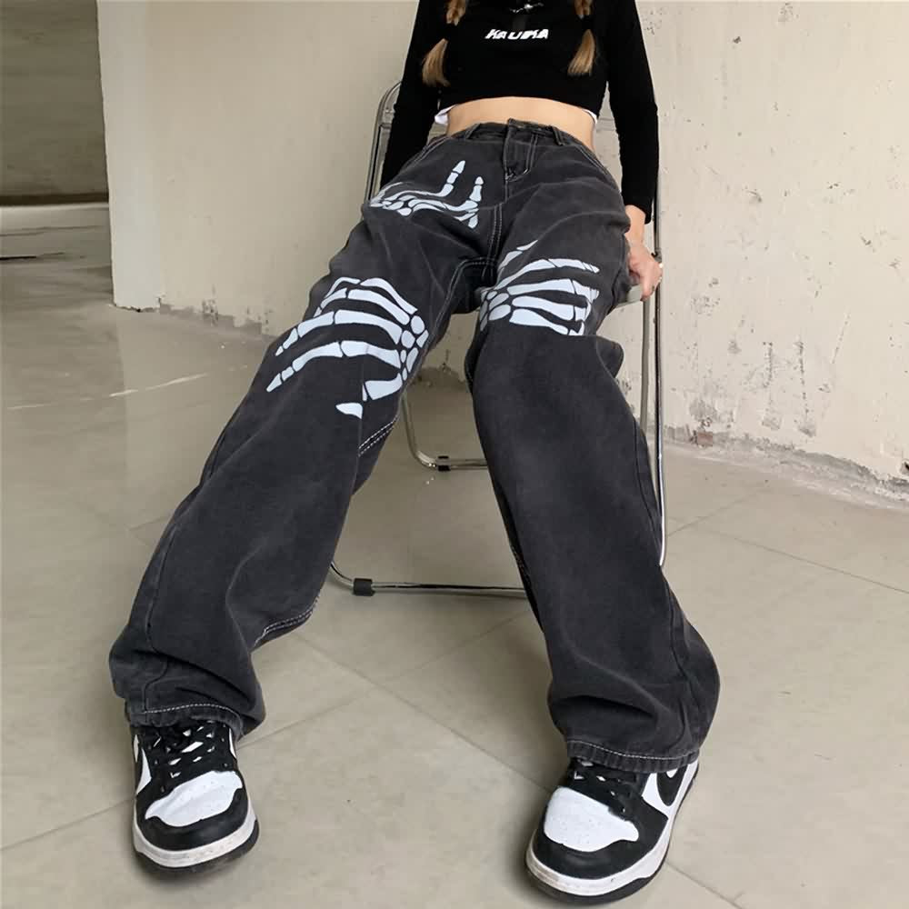 Gothin Grunge Skeleton Hand High Waist Jeans