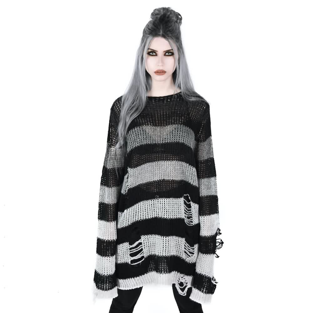 Gradient Gray Striped Gothic Distressed Knit Sweater