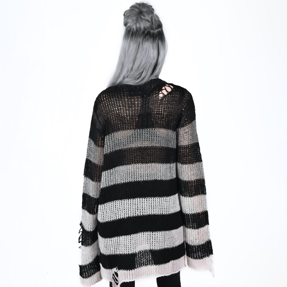 Gradient Gray Striped Gothic Distressed Knit Sweater