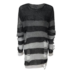 Gradient Gray Striped Gothic Distressed Knit Sweater