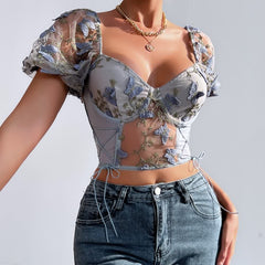 Gray Floral Embroidery Mesh Puff Sleeve Crop Top