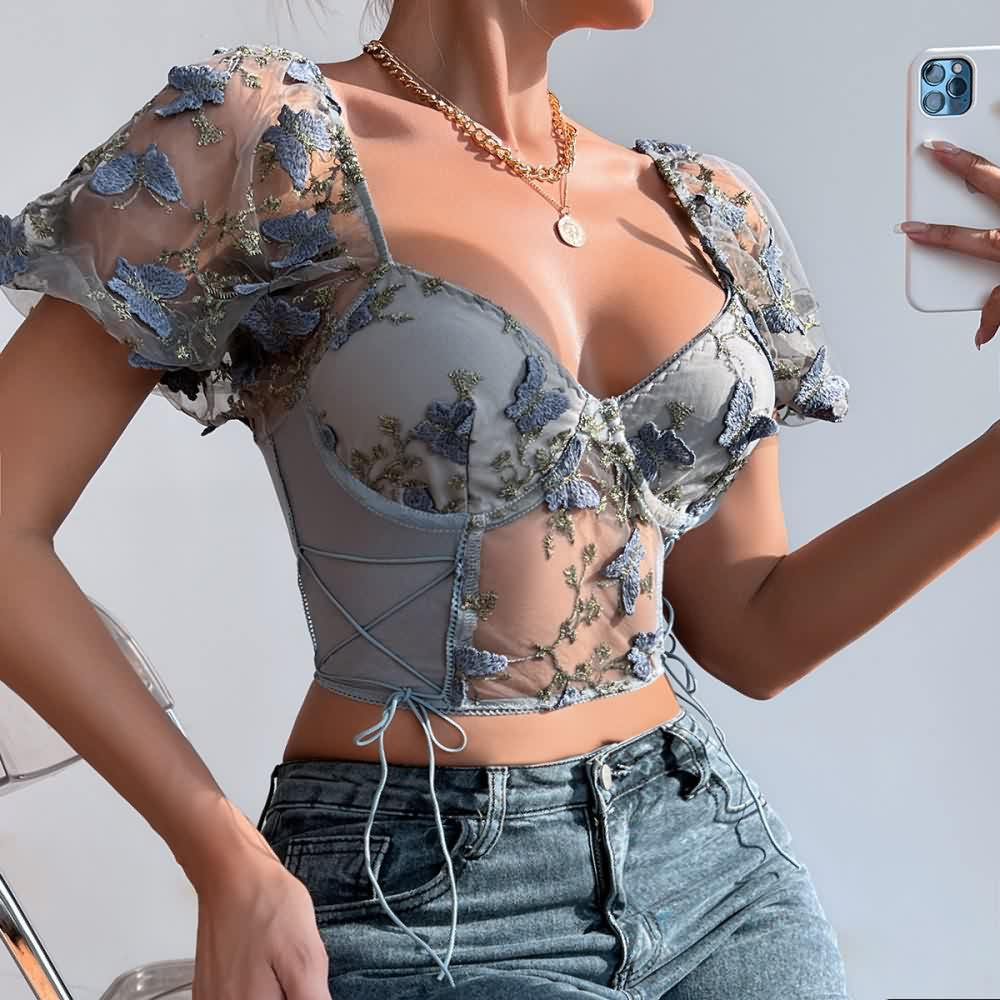 Gray Floral Embroidery Mesh Puff Sleeve Crop Top