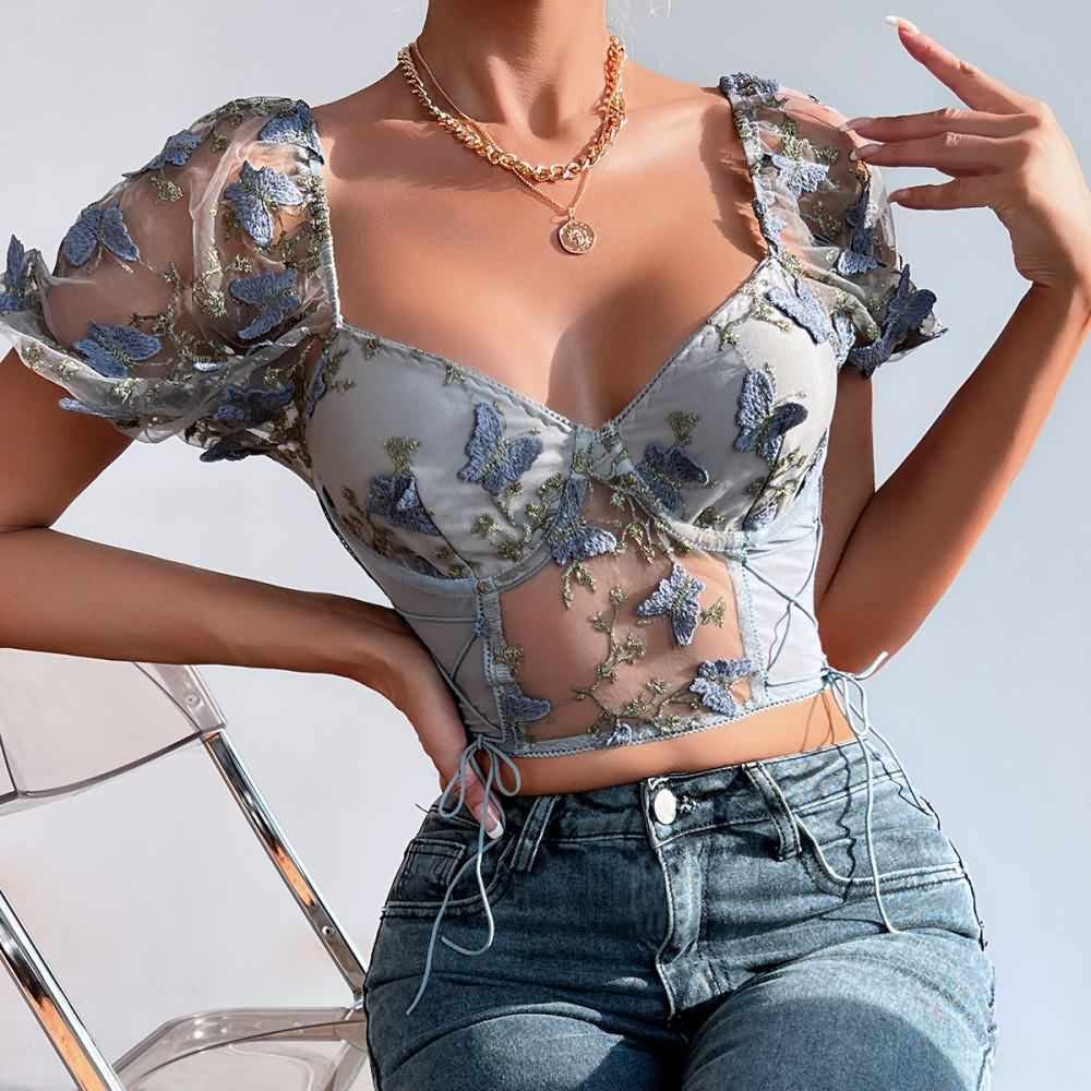 Gray Floral Embroidery Mesh Puff Sleeve Crop Top