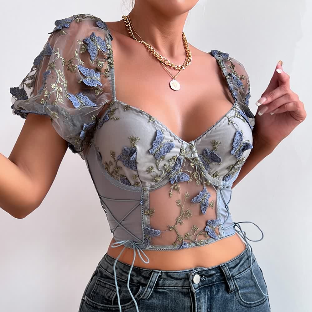 Gray Floral Embroidery Mesh Puff Sleeve Crop Top