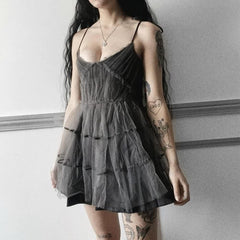 Gray Goth Grunge Mesh Overlay Mini Dress