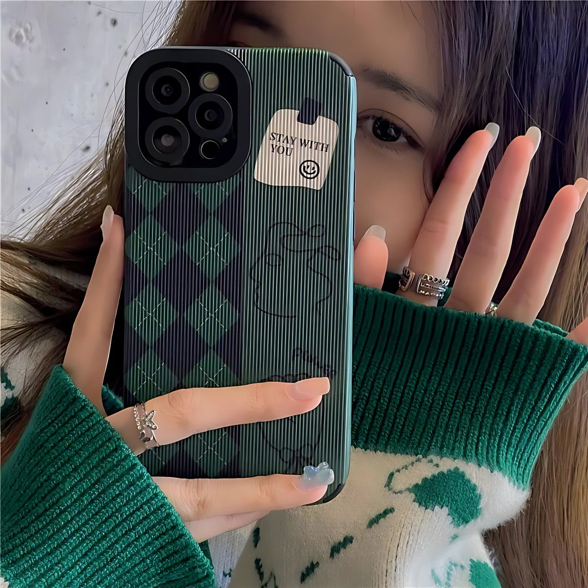 Green Diamond Grid Cute Phone Case for iPhone 6, 7, 8, SE 2022, 11, 12, 13, 14, Pro Max, Mini, XS Max, X, XR, and 8 Plus Cover