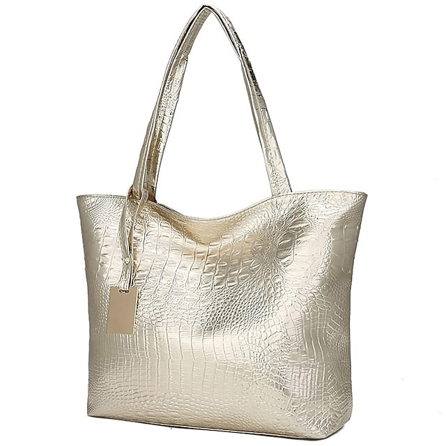 Embossed  Faux Tote | Croc Bag Silver Capacity Large
