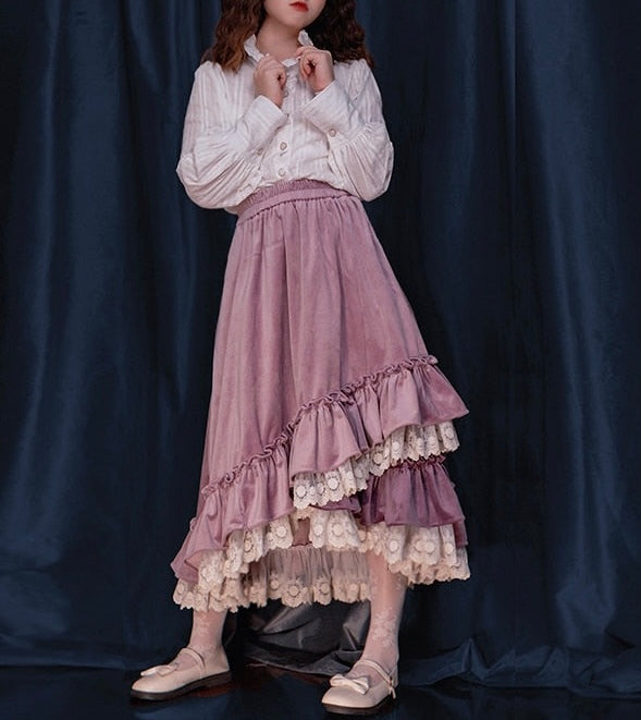 Violet Velvet Layered Ruffle Cottagecore Skirt