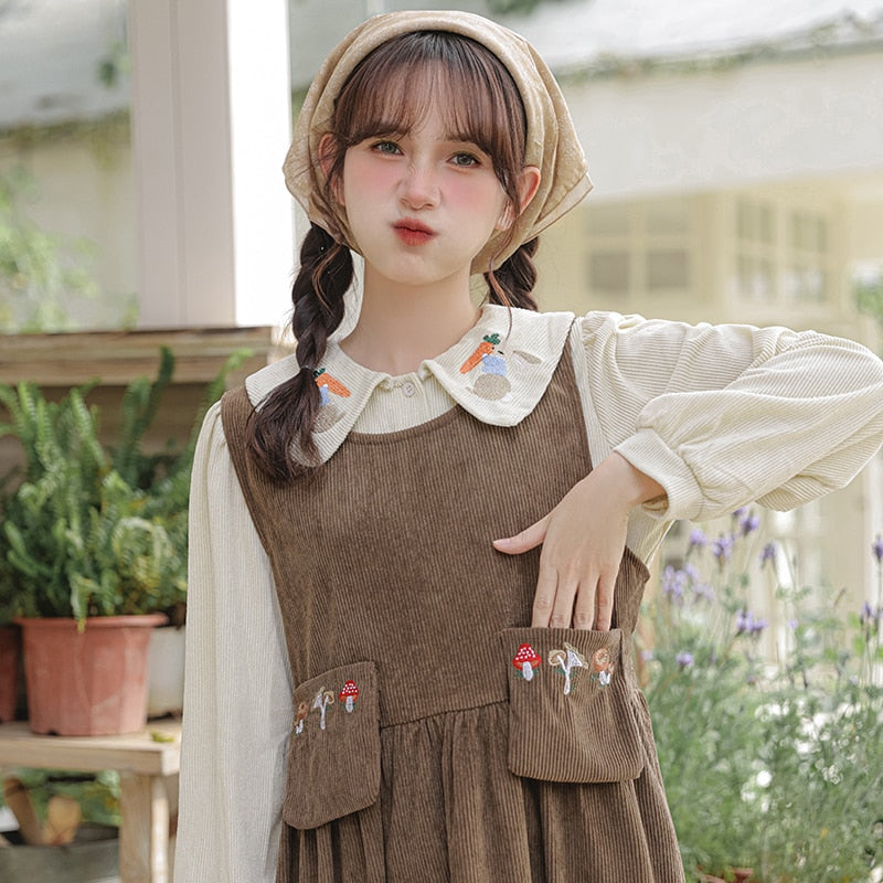 Mushroom Embroidered Corduroy Cottagecore Pinafore Dress / Shirt
