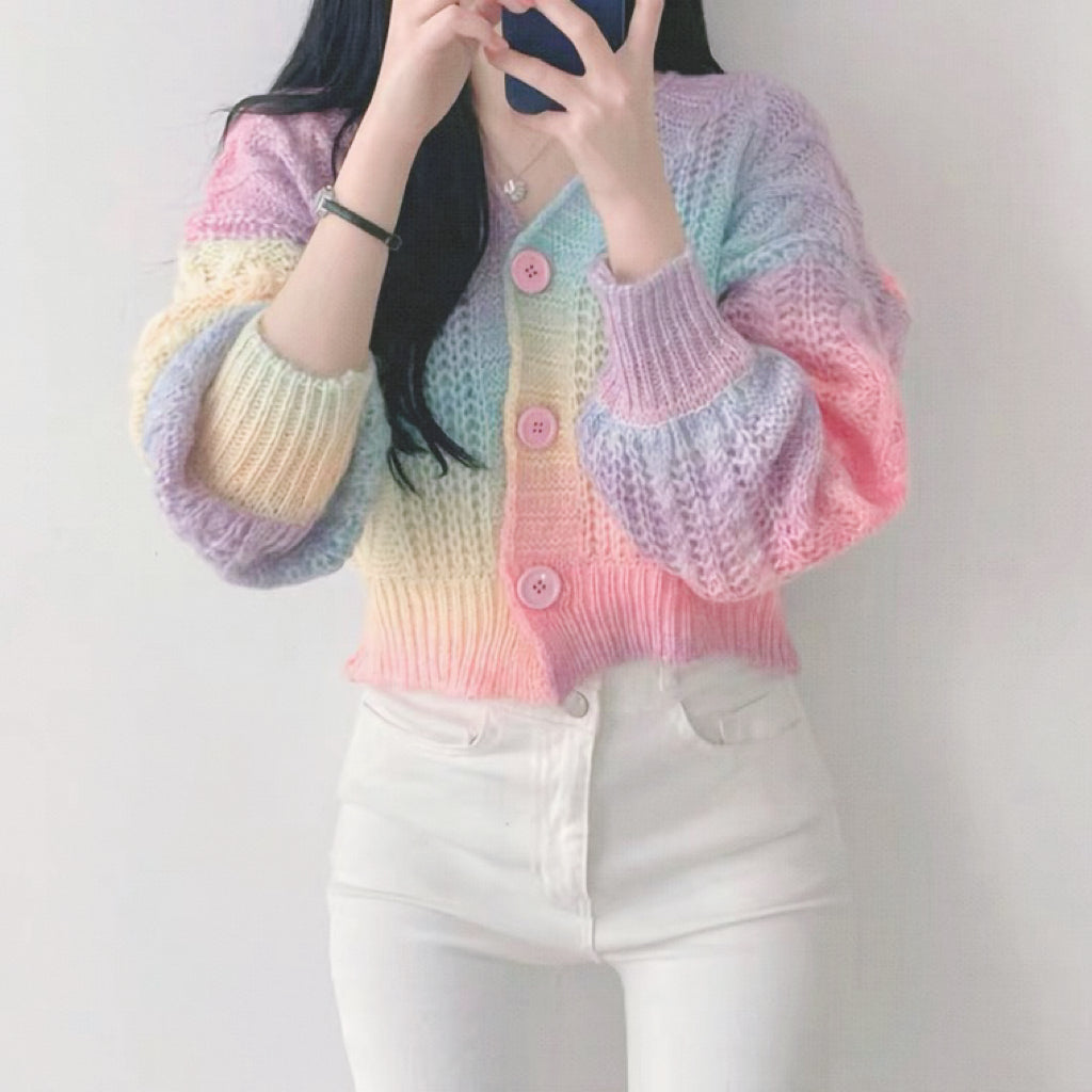 Pastel Rainbow Cropped Sweater Cardigan