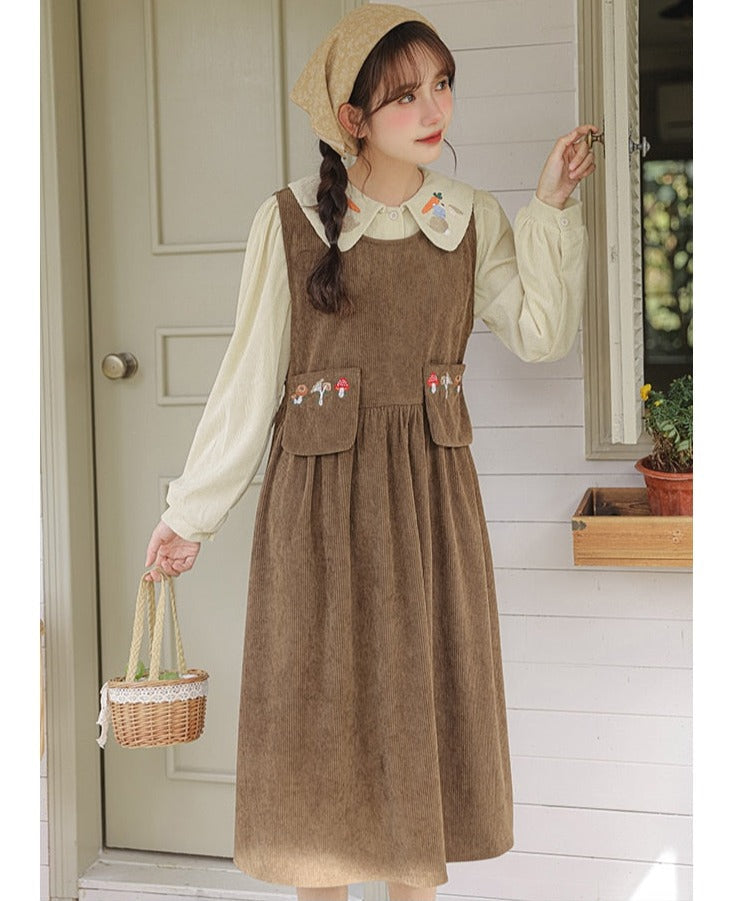 Mushroom Embroidered Corduroy Cottagecore Pinafore Dress / Shirt