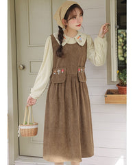 Mushroom Embroidered Corduroy Cottagecore Pinafore Dress / Shirt