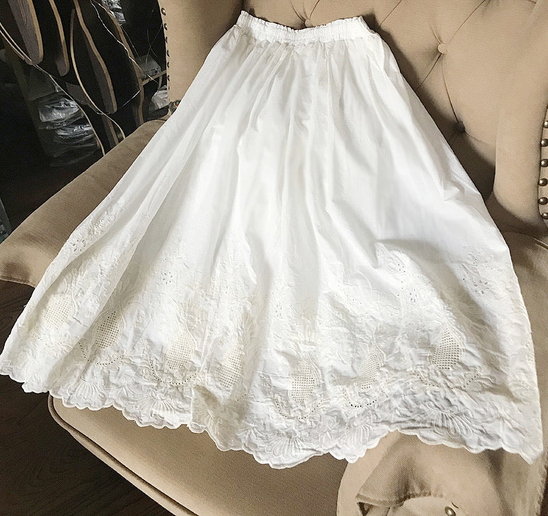 White Cotton Broderie Anglaise Embroidered Cottagecore Skirt