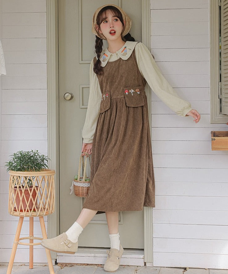 Mushroom Embroidered Corduroy Cottagecore Pinafore Dress / Shirt