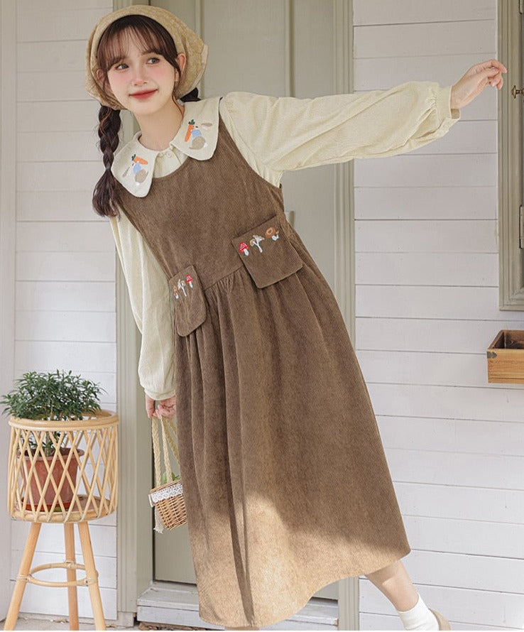 Mushroom Embroidered Corduroy Cottagecore Pinafore Dress / Shirt