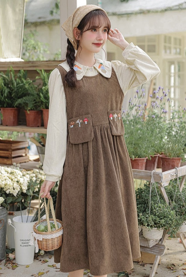 Mushroom Embroidered Corduroy Cottagecore Pinafore Dress / Shirt