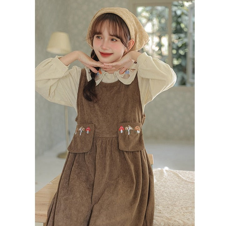 Mushroom Embroidered Corduroy Cottagecore Pinafore Dress / Shirt