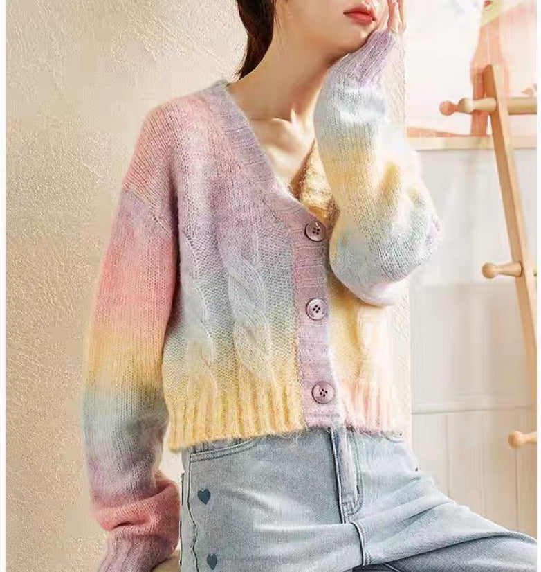 Pastel Rainbow Cropped Sweater Cardigan