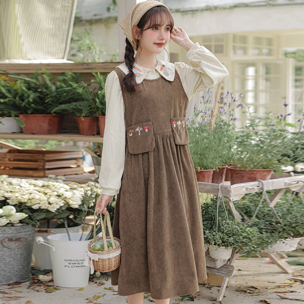 Mushroom Embroidered Corduroy Cottagecore Pinafore Dress / Shirt