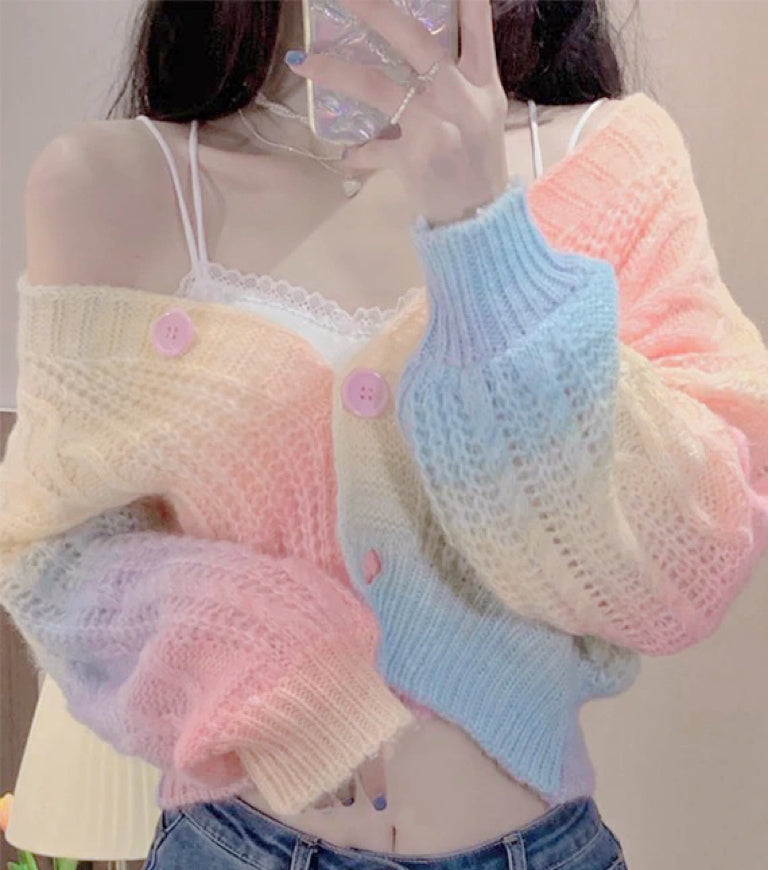 Pastel Rainbow Cropped Sweater Cardigan